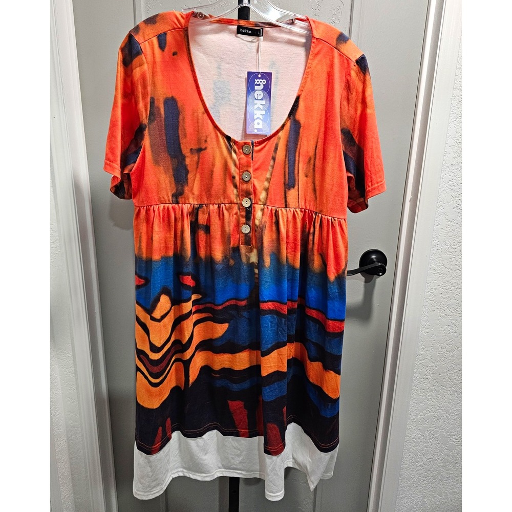 HEKKA Women's 16 NWT Abstract Print Dress Orange Blue Black Button Front